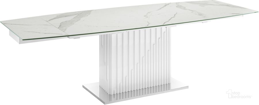 The appearance of Moon Dining Table In White Marbled Porcelain Top On Glass With High Gloss White Lacquer Base designed by Casabianca Home in the modern / contemporary interior design. This white piece of furniture  was selected by 1StopBedrooms from Moon Collection to add a touch of cosiness and style into your home. Sku: TC-MAN08WHTMAR. Table Base Style: Pedestal. Product Type: Dining Table. Table Top Shape: Rectangular. Material: Stainless Steel. Image1