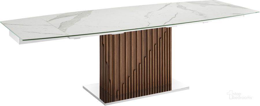 The appearance of Moon Dining Table In White Marbled Porcelain Top On Glass With Walnut Veneer Base designed by Casabianca Home in the modern / contemporary interior design. This walnut white piece of furniture  was selected by 1StopBedrooms from Moon Collection to add a touch of cosiness and style into your home. Sku: TC-MAN08WALMAR. Table Base Style: Pedestal. Product Type: Dining Table. Table Top Shape: Rectangular. Material: Stainless Steel. Image1