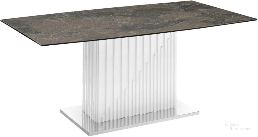 The appearance of Moon Dining Table With White Base and Brown Marbled Top designed by Casabianca Home in the modern / contemporary interior design. This white and brown piece of furniture  was selected by 1StopBedrooms from Moon Collection to add a touch of cosiness and style into your home. Sku: TC-MFIX08WHTEMP. Table Base Style: Pedestal. Product Type: Dining Table. Material: Porcelain. Table Top Shape: Rectangular. Size: 71.