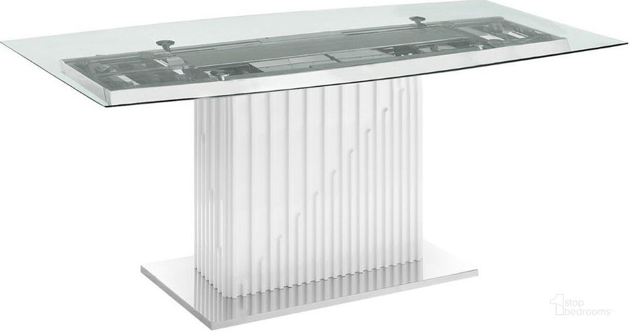 The appearance of Moon Dining Table With White Base and Rectangular Clear Top designed by Casabianca Home in the modern / contemporary interior design. This clear piece of furniture  was selected by 1StopBedrooms from Moon Collection to add a touch of cosiness and style into your home. Sku: TC-MFIX08WHTCLR. Table Base Style: Pedestal. Material: Glass. Product Type: Dining Table. Table Top Shape: Rectangular. Size: 71.