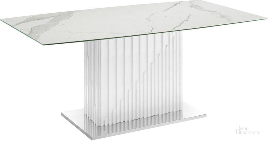 The appearance of Moon Dining Table With White Base and White Marbled Top designed by Casabianca Home in the modern / contemporary interior design. This white piece of furniture  was selected by 1StopBedrooms from Moon Collection to add a touch of cosiness and style into your home. Sku: TC-MFIX08WHTMAR. Table Base Style: Pedestal. Product Type: Dining Table. Material: Porcelain. Table Top Shape: Rectangular. Size: 71.