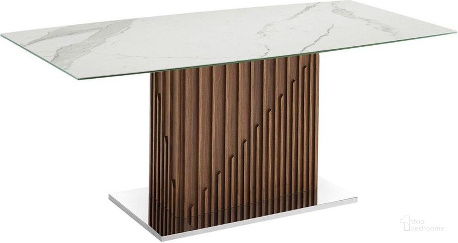 The appearance of Moon Dining Table With Walnut Base and White Marbled Top designed by Casabianca Home in the modern / contemporary interior design. This walnut and white piece of furniture  was selected by 1StopBedrooms from Moon Collection to add a touch of cosiness and style into your home. Sku: TC-MFIX08WALMAR. Table Base Style: Pedestal. Product Type: Dining Table. Material: Porcelain. Table Top Shape: Rectangular. Size: 71.