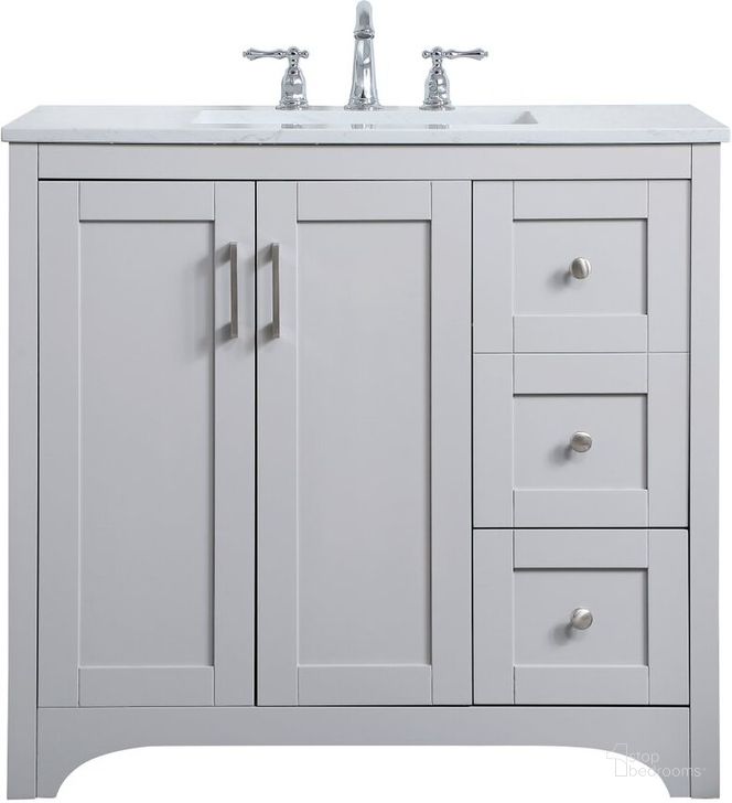 The appearance of Moore 36 Inch Single Bathroom Vanity In Grey designed by Elegant Lighting in the traditional interior design. This grey piece of furniture  was selected by 1StopBedrooms from Moore Collection to add a touch of cosiness and style into your home. Sku: VF17036GR. Material: MDF. Product Type: Bathroom Vanity. Image1