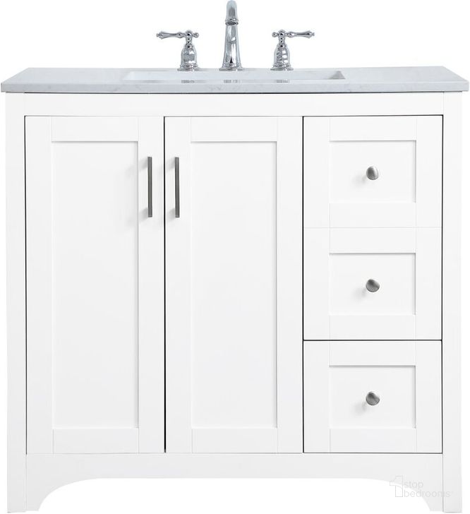 The appearance of Moore 36 Inch Single Bathroom Vanity In White designed by Elegant Lighting in the traditional interior design. This white piece of furniture  was selected by 1StopBedrooms from Moore Collection to add a touch of cosiness and style into your home. Sku: VF17036WH. Material: MDF. Product Type: Bathroom Vanity. Image1