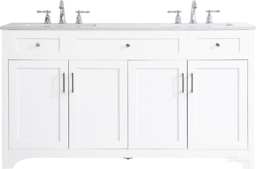 The appearance of Moore 60 Inch Double Bathroom Vanity In White designed by Elegant Lighting in the traditional interior design. This white piece of furniture  was selected by 1StopBedrooms from Moore Collection to add a touch of cosiness and style into your home. Sku: VF17060DWH. Material: MDF. Product Type: Bathroom Vanity. Image1