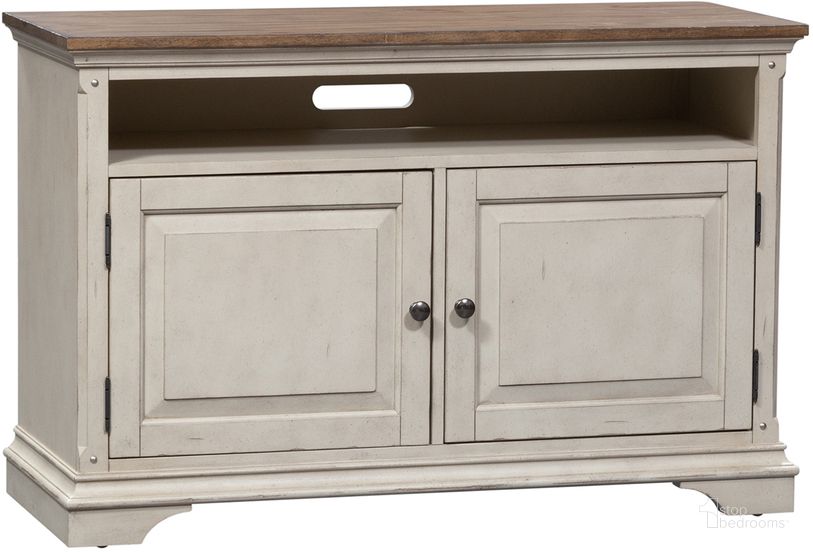 The appearance of Morgan Creek Antique White 46 Inch TV Console designed by Liberty in the traditional interior design. This white piece of furniture  was selected by 1StopBedrooms from Morgan Creek Collection to add a touch of cosiness and style into your home. Sku: 498-TV46. Material: Wood. Product Type: TV Stands and TV Console. Image1
