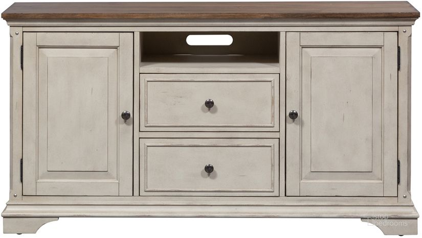 The appearance of Morgan Creek Antique White 56 Inch TV Console designed by Liberty in the traditional interior design. This white piece of furniture  was selected by 1StopBedrooms from Morgan Creek Collection to add a touch of cosiness and style into your home. Sku: 498-TV56. Material: Wood. Product Type: TV Stands and TV Console. Image1