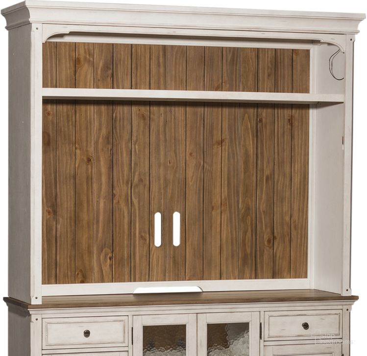 The appearance of Morgan Creek Antique White Entertainment Hutch designed by Liberty in the traditional interior design. This antique white piece of furniture  was selected by 1StopBedrooms from Morgan Creek Collection to add a touch of cosiness and style into your home. Sku: 498-EC69. Material: Wood. Product Type: Entertainment Hutch. Image1