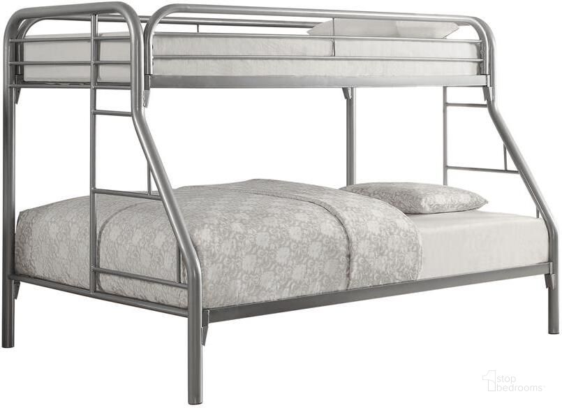 The appearance of Morgan Silver Steel Twin Over Full Bunk Bed designed by Coaster in the transitional interior design. This silver piece of furniture  was selected by 1StopBedrooms from Morgan Collection to add a touch of cosiness and style into your home. Sku: 2258V. Bed Type: Bunk Bed. Material: Metal. Product Type: Bunk Bed. Bed Size: Twin Over Full. Image1