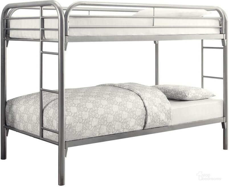 The appearance of Morgan Silver Steel Twin Over Twin Bunk Bed designed by Coaster in the transitional interior design. This silver piece of furniture  was selected by 1StopBedrooms from Morgan Collection to add a touch of cosiness and style into your home. Sku: 2256V. Bed Type: Bunk Bed. Material: Metal. Product Type: Bunk Bed. Bed Size: Twin Over Twin. Image1