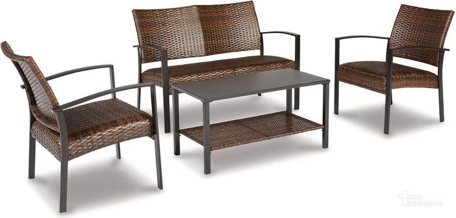 The appearance of Morganville Dark Brown Outdoor Conversation Set designed by Isaac Tahari in the transitional interior design. This dark brown piece of furniture  was selected by 1StopBedrooms from Morganville Collection to add a touch of cosiness and style into your home. Sku: P330-080. Product Type: Outdoor Conversation Set. Image1