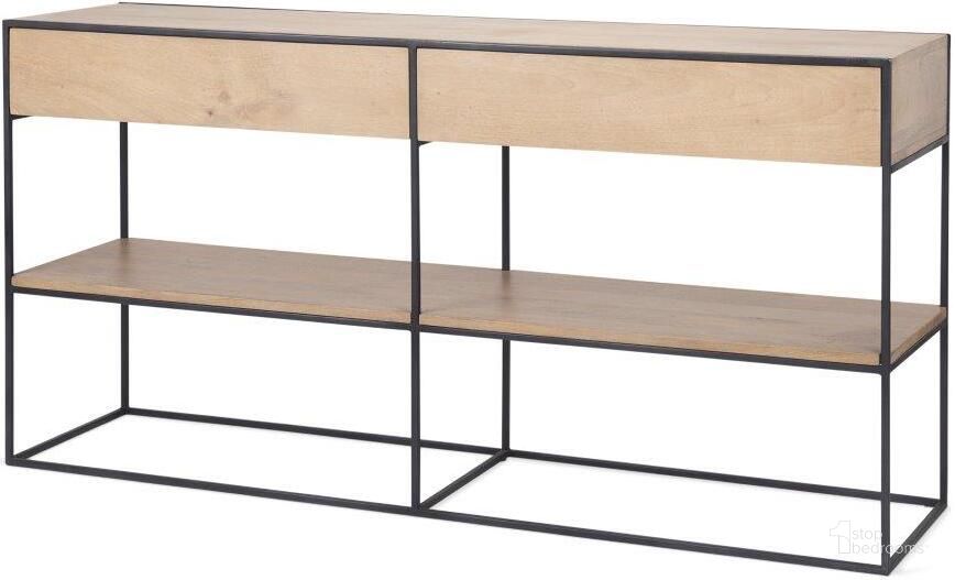 The appearance of Morris Beige Wood With Black Metal Frame 2 Drawer Console Table designed by Mercana in the modern / contemporary interior design. This black and beige piece of furniture  was selected by 1StopBedrooms from Morris Collection to add a touch of cosiness and style into your home. Sku: 69716. Material: Wood. Product Type: Console Table. Image1