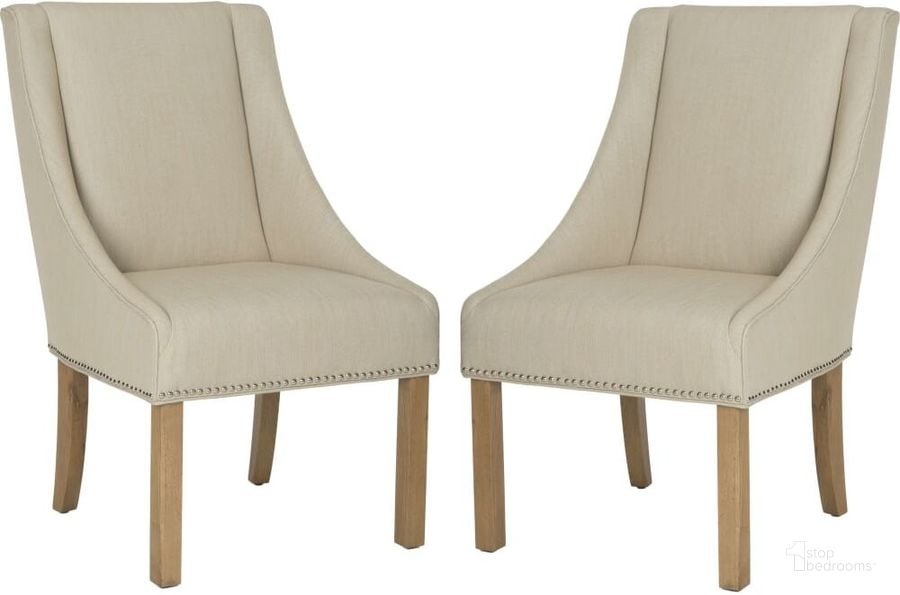 The appearance of Morris Biege and Weathered Oak Sloping Arm Dining Chair with Nailhead Detail Set of 2 designed by Safavieh in the traditional interior design. This oak piece of furniture  was selected by 1StopBedrooms from Morris Collection to add a touch of cosiness and style into your home. Sku: MCR4708C-SET2. Product Type: Dining Chair. Material: Stainless Steel. Image1