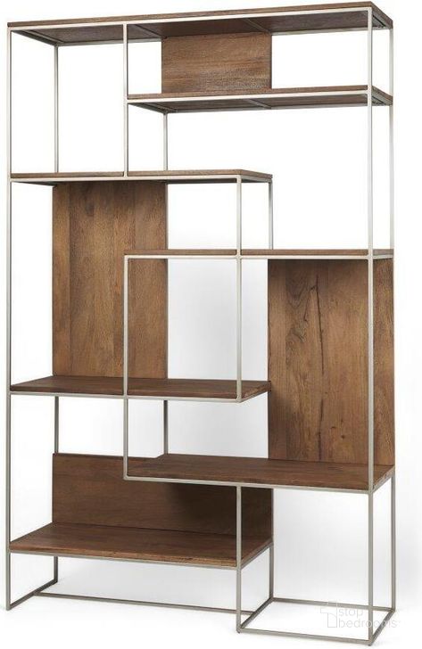 The appearance of Morris Iii Brown Wood And Silver Metal Frame 6 Shelf Shelving Unit designed by Mercana in the modern / contemporary interior design. This brown piece of furniture  was selected by 1StopBedrooms from Morris Collection to add a touch of cosiness and style into your home. Sku: 69104. Material: Wood. Product Type: Bookcase. Image1