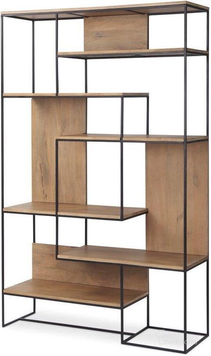 The appearance of Morris Light Brown Wood With Black Metal Frame 6-Tier Shelving Unit designed by Mercana in the modern / contemporary interior design. This black and brown piece of furniture  was selected by 1StopBedrooms from Morris Collection to add a touch of cosiness and style into your home. Sku: 69718. Material: Wood. Product Type: Bookcase. Image1