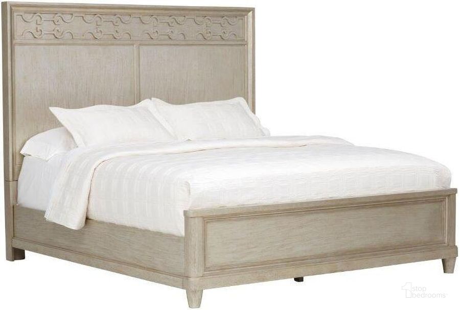 The appearance of Morrissey Bezel Silver Cashin King Panel Bed designed by A.R.T. in the transitional interior design. This beige piece of furniture  was selected by 1StopBedrooms from Morrissey Collection to add a touch of cosiness and style into your home. Sku: 218156-2727HB;218156-2727FB;218155-2727RS. Bed Type: Panel Bed. Material: Wood. Product Type: Panel Bed. Bed Size: King. Image1