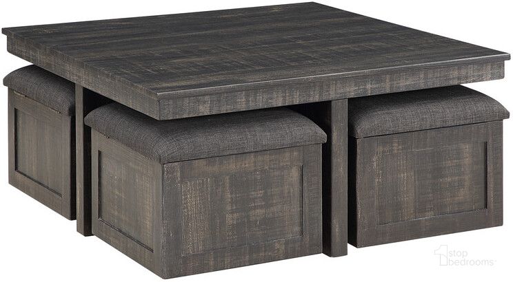 The appearance of Moseberg Gray Oak Coffee Table With Storage Stools designed by Lilola Home in the modern / contemporary interior design. This gray oak piece of furniture  was selected by 1StopBedrooms from Moseberg Collection to add a touch of cosiness and style into your home. Sku: 98015. Product Type: Coffee Table. Material: Rubberwood. Image1