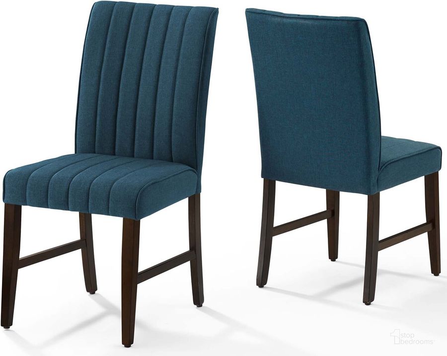 The appearance of Motivate Blue Channel Tufted Upholstered Fabric Dining Chair Set of 2 designed by Modway in the modern / contemporary interior design. This blue piece of furniture  was selected by 1StopBedrooms from Motivate Collection to add a touch of cosiness and style into your home. Sku: EEI-3333-BLU. Material: Wood. Product Type: Dining Chair. Image1