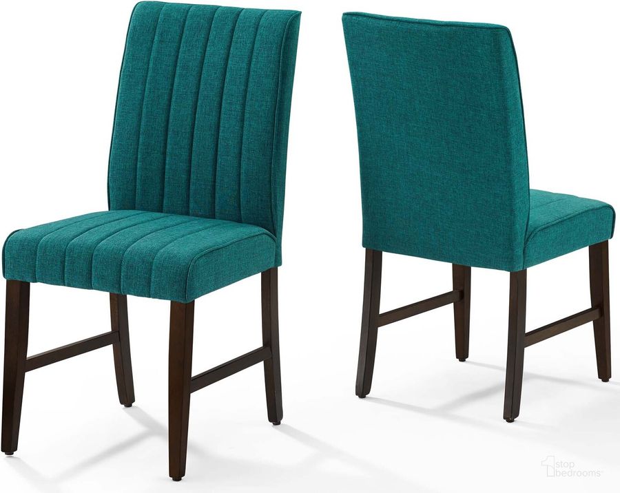 The appearance of Motivate Teal Channel Tufted Upholstered Fabric Dining Chair Set of 2 designed by Modway in the modern / contemporary interior design. This teal piece of furniture  was selected by 1StopBedrooms from Motivate Collection to add a touch of cosiness and style into your home. Sku: EEI-3333-TEA. Material: Wood. Product Type: Dining Chair. Image1