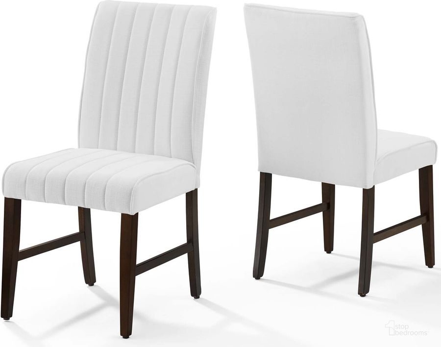 The appearance of Motivate White Channel Tufted Upholstered Fabric Dining Chair Set of 2 designed by Modway in the modern / contemporary interior design. This white piece of furniture  was selected by 1StopBedrooms from Motivate Collection to add a touch of cosiness and style into your home. Sku: EEI-3333-WHI. Material: Wood. Product Type: Dining Chair. Image1