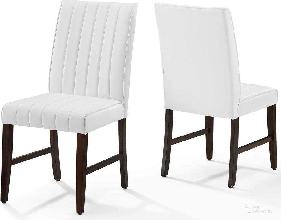 The appearance of Motivate White Channel Tufted Upholstered Faux Leather Dining Chair Set of 2 designed by Modway in the modern / contemporary interior design. This white leather piece of furniture  was selected by 1StopBedrooms from Motivate Collection to add a touch of cosiness and style into your home. Sku: EEI-3334-WHI. Material: Wood. Product Type: Dining Chair. Image1