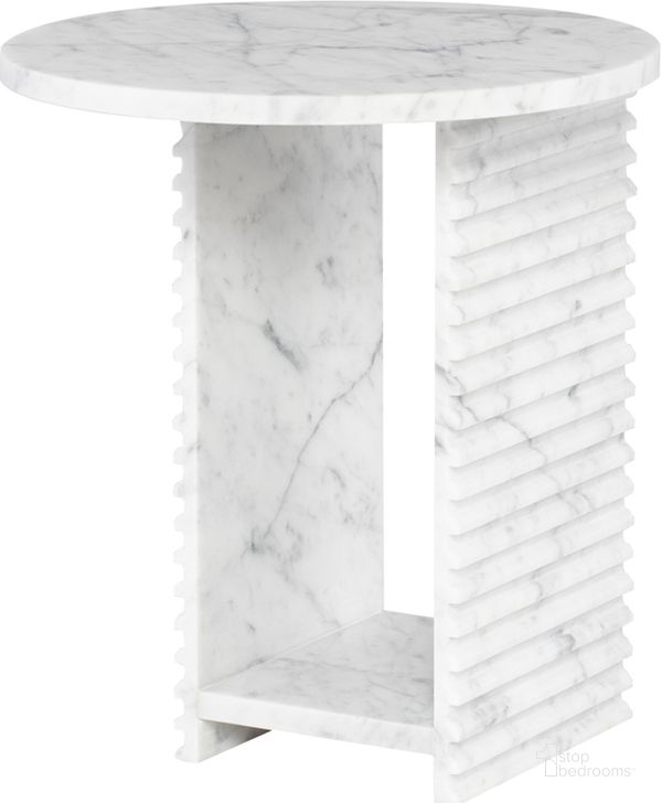 The appearance of Mya Bianco Stone Side Table designed by Nuevo in the modern / contemporary interior design. This bianco piece of furniture  was selected by 1StopBedrooms from Mya Collection to add a touch of cosiness and style into your home. Sku: HGVI114. Product Type: Side Table. Material: Stone. Image1