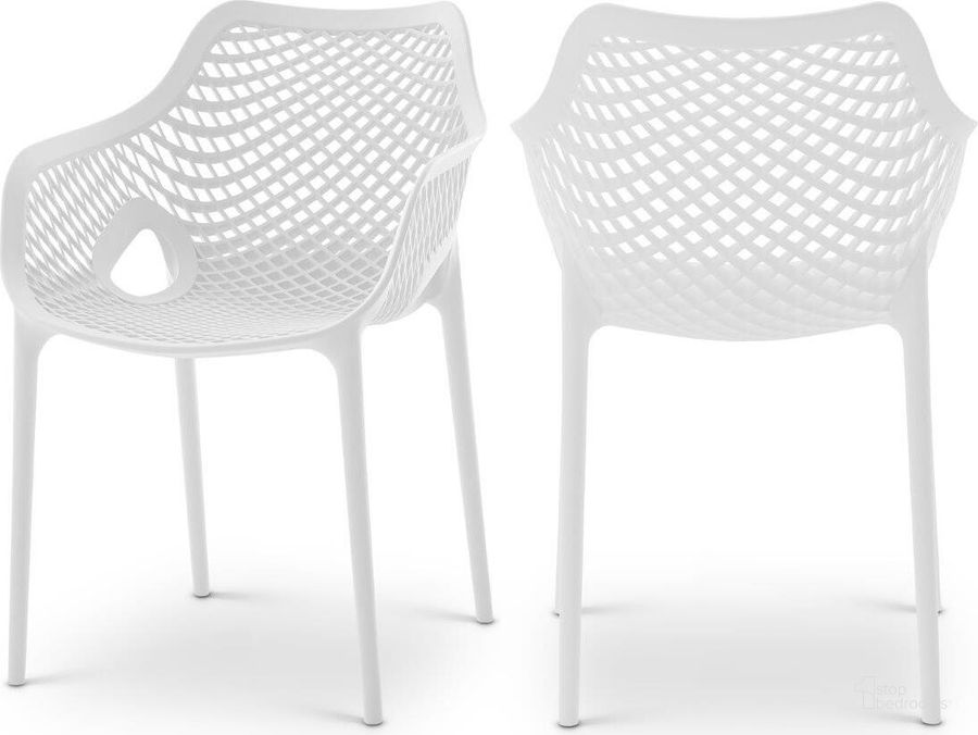 The appearance of Mykonos White Outdoor Patio Dining Chair Set of 4 329White designed by Meridian in the modern / contemporary interior design. This white piece of furniture  was selected by 1StopBedrooms from Mykonos Collection to add a touch of cosiness and style into your home. Sku: 329White. Material: Polypropylene. Product Type: Outdoor Dining Chair. Image1