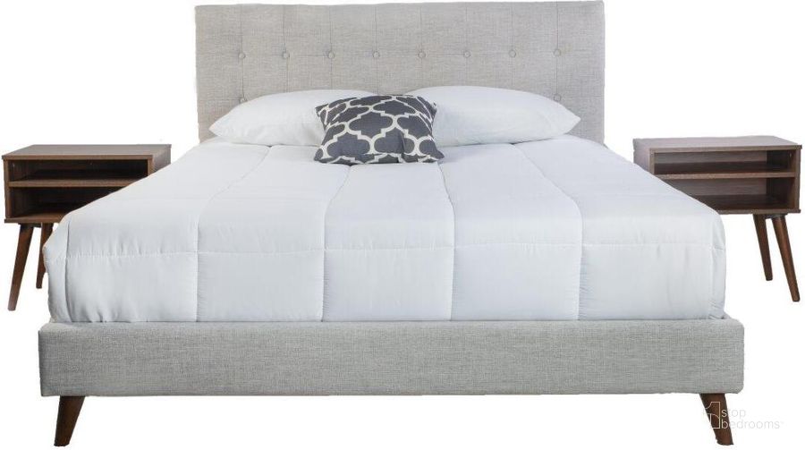 The appearance of Myla King Upholstered Bed With 2 Nightstands In Gray designed by Bernards in the  interior design. This gray piece of furniture  was selected by 1StopBedrooms from Myla Collection to add a touch of cosiness and style into your home. Sku: 1184DS-110. Product Type: Bedroom Set. Bed Size: King. Material: Rubberwood. Image1