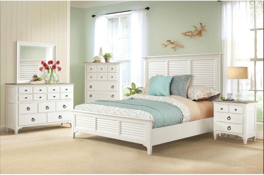 The appearance of Myra Paperwhite Louvered Bedroom Set designed by Riverside Furniture in the transitional interior design. This white piece of furniture  was selected by 1StopBedrooms from Myra Collection to add a touch of cosiness and style into your home. Sku: 59370;59371;59373;59569. Bed Type: Panel Bed. Product Type: Panel Bed. Bed Size: Queen. Image1