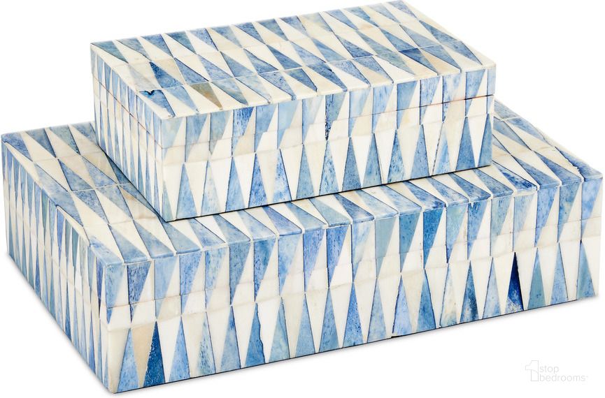 The appearance of Nadene Box Set of 2 In Blue and White designed by Currey & Company in the coastal interior design. This blue/white piece of furniture  was selected by 1StopBedrooms from Nadene Collection to add a touch of cosiness and style into your home. Sku: 1200-0762. Material: Bone. Product Type: Box. Image1