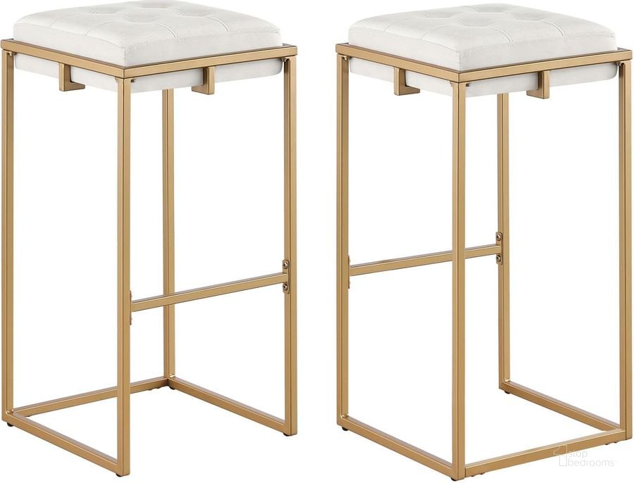 The appearance of Nadia Square Padded Seat Bar Stool Set Of 2 Beige and Gold designed by Coaster in the modern / contemporary interior design. This beige piece of furniture  was selected by 1StopBedrooms from Nadia Collection to add a touch of cosiness and style into your home. Sku: 183646. Material: Metal. Product Type: Barstool. Image1