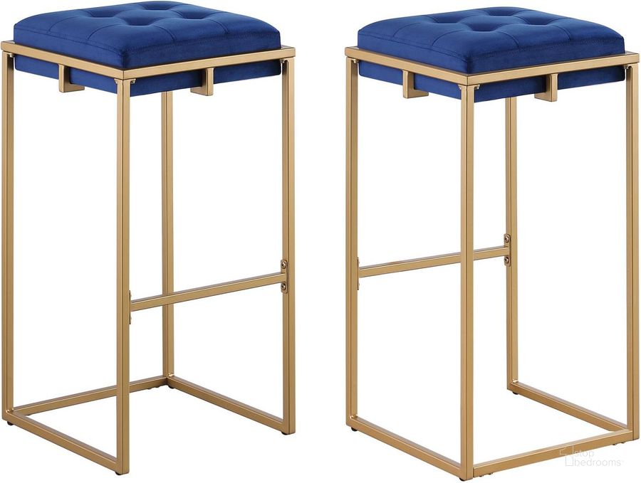 The appearance of Nadia Square Padded Seat Bar Stool Set Of 2 Blue and Gold designed by Coaster in the modern / contemporary interior design. This blue piece of furniture  was selected by 1StopBedrooms from Nadia Collection to add a touch of cosiness and style into your home. Sku: 183650. Material: Metal. Product Type: Barstool. Image1