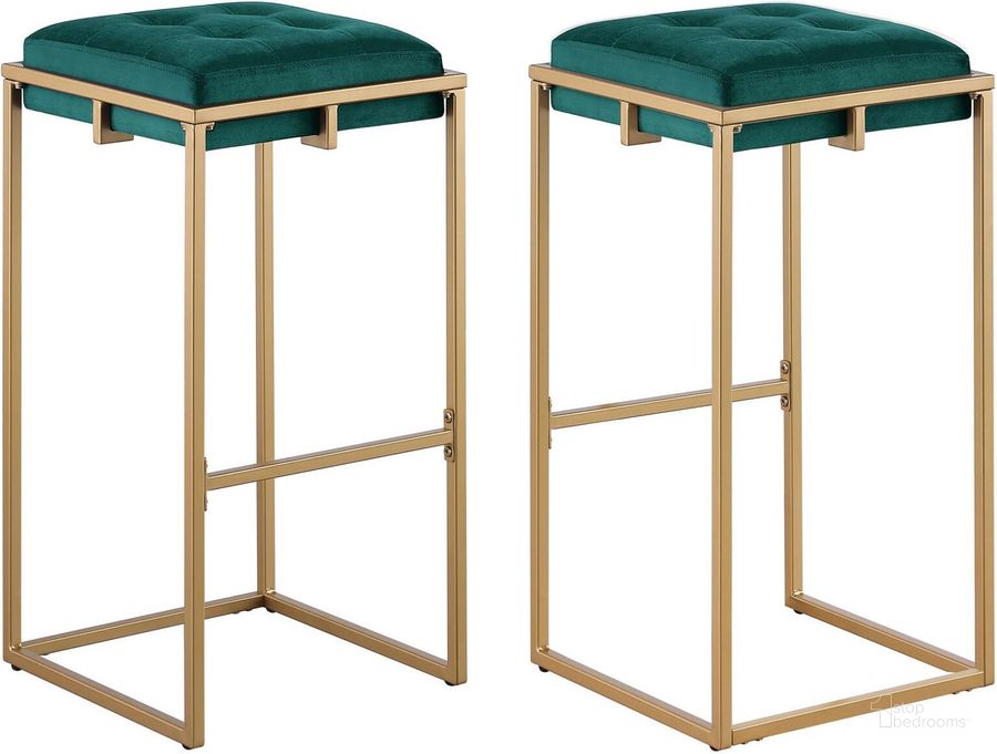 The appearance of Nadia Square Padded Seat Bar Stool Set Of 2 Hunter Green and Gold designed by Coaster in the modern / contemporary interior design. This green piece of furniture  was selected by 1StopBedrooms from Nadia Collection to add a touch of cosiness and style into your home. Sku: 183648. Material: Metal. Product Type: Barstool. Image1