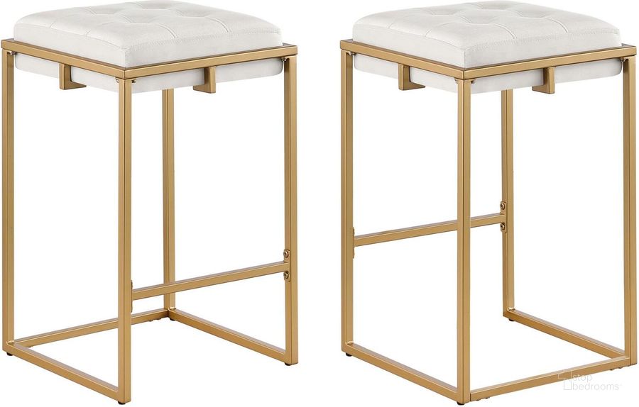 The appearance of Nadia Square Padded Seat Counter Height Stool Set Of 2 Beige and Gold designed by Coaster in the modern / contemporary interior design. This beige piece of furniture  was selected by 1StopBedrooms from Nadia Collection to add a touch of cosiness and style into your home. Sku: 183645. Material: Metal. Product Type: Barstool. Image1