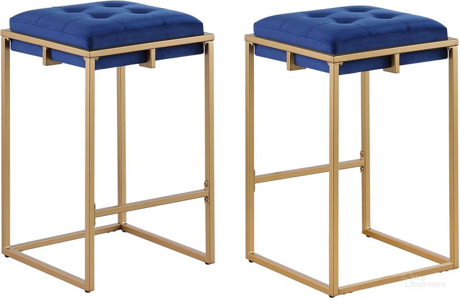 The appearance of Nadia Square Padded Seat Counter Height Stool Set Of 2 Blue and Gold designed by Coaster in the modern / contemporary interior design. This blue piece of furniture  was selected by 1StopBedrooms from Nadia Collection to add a touch of cosiness and style into your home. Sku: 183649. Material: Metal. Product Type: Barstool. Image1
