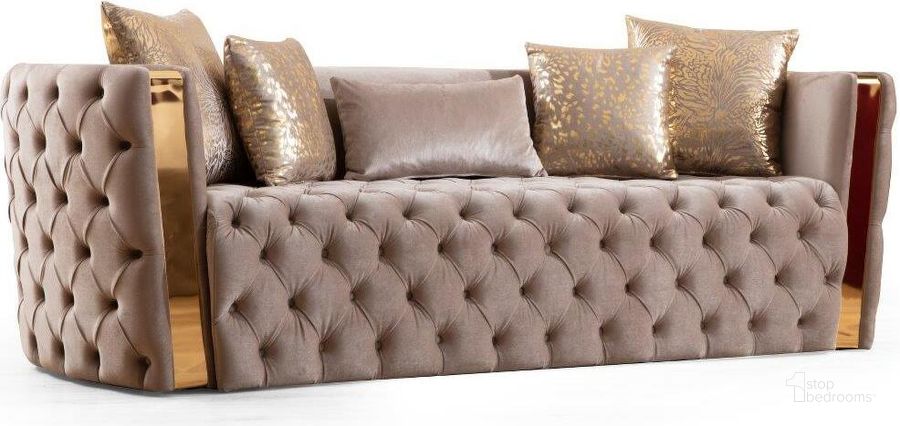 The appearance of Naomi Button Tufted Sofa With Velvet Fabric And Gold Accent In Off White designed by Galaxy Home Furnishings in the modern / contemporary interior design. This beige piece of furniture  was selected by 1StopBedrooms from Naomi Collection to add a touch of cosiness and style into your home. Sku: 698781418628. Product Type: Sofa. Material: Velvet. Image1