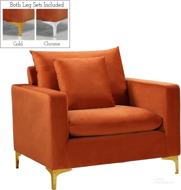 The appearance of Naomi Cognac Velvet Chair designed by Meridian in the modern / contemporary interior design. This cognac velvet piece of furniture  was selected by 1StopBedrooms from Naomi Collection to add a touch of cosiness and style into your home. Sku: 633Cognac-C. Product Type: Living Room Chair. Material: Velvet. Image1
