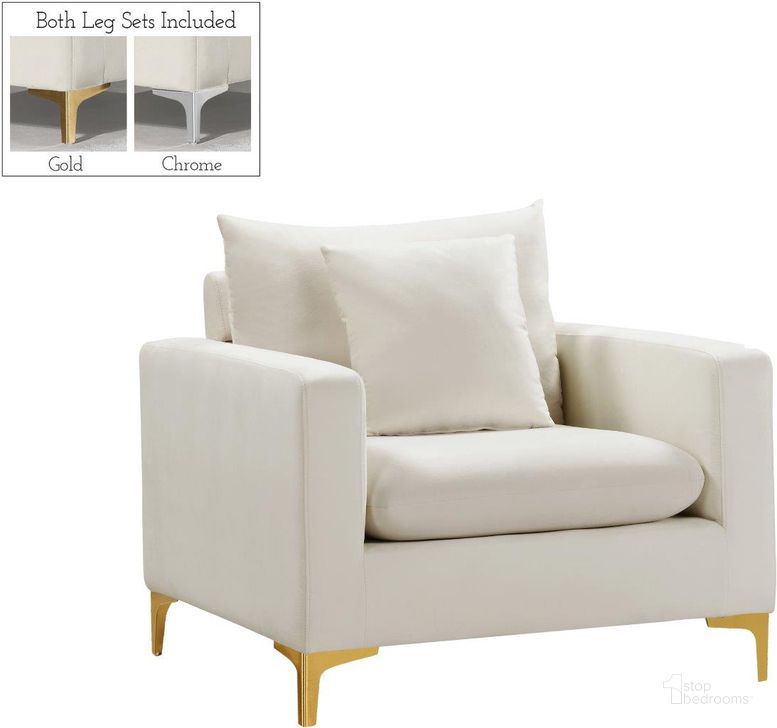 The appearance of Naomi Cream Velvet Chair designed by Meridian in the modern / contemporary interior design. This cream velvet piece of furniture  was selected by 1StopBedrooms from Naomi Collection to add a touch of cosiness and style into your home. Sku: 633Cream-C. Product Type: Living Room Chair. Material: Velvet. Image1