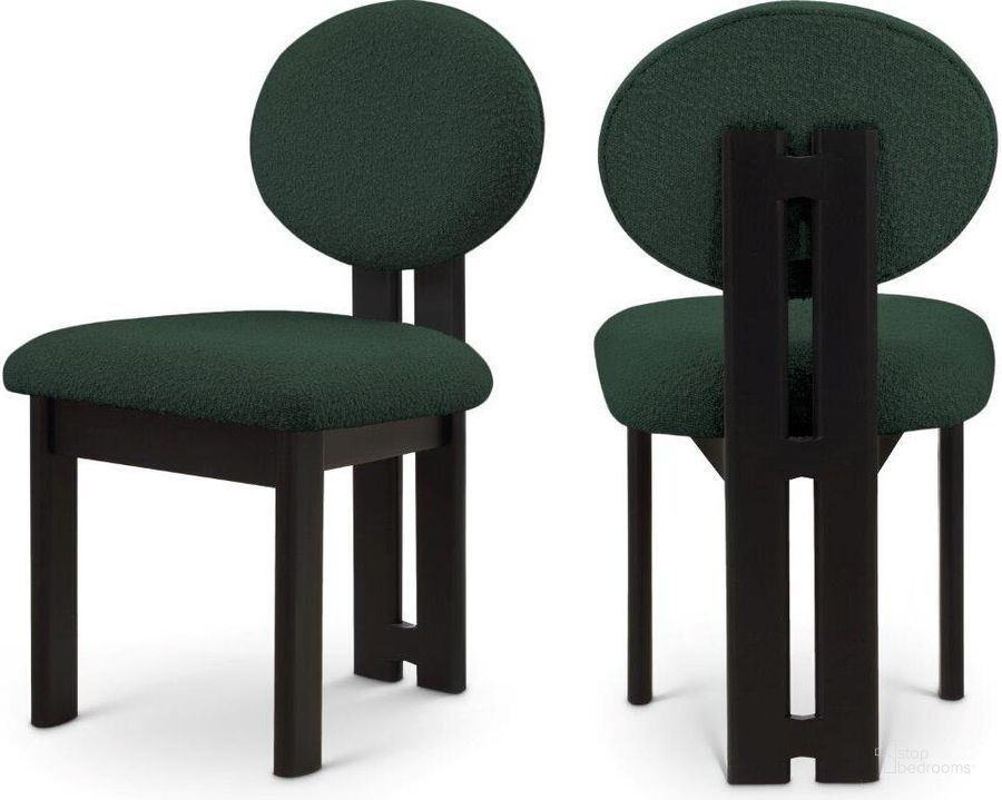 The appearance of Napa Green Boucle Fabric Dining Chair Set of 2 designed by Meridian in the transitional interior design. This green piece of furniture  was selected by 1StopBedrooms from Napa Collection to add a touch of cosiness and style into your home. Sku: 490Green-C. Product Type: Dining Chair. Material: Rubberwood. Image1