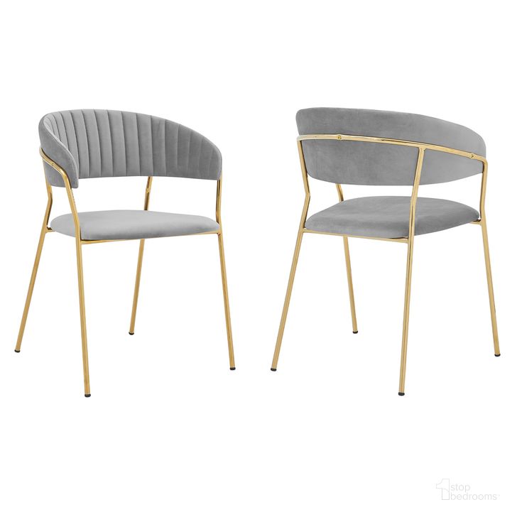 The appearance of Nara Modern Gray Velvet and Gold Metal Leg Dining Room Chair Set of 2 designed by Armen Living in the glam interior design. This gray and gold piece of furniture  was selected by 1StopBedrooms from Nara Collection to add a touch of cosiness and style into your home. Sku: LCNRSIGLGRY. Material: Metal. Product Type: Dining Chair. Image1