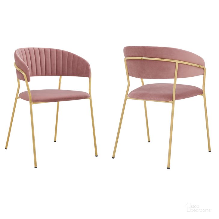 The appearance of Nara Modern Pink Velvet and Gold Metal Leg Dining Room Chair Set of 2 designed by Armen Living in the glam interior design. This pink and gold piece of furniture  was selected by 1StopBedrooms from Nara Collection to add a touch of cosiness and style into your home. Sku: LCNRSIGLPNK. Material: Metal. Product Type: Dining Chair. Image1