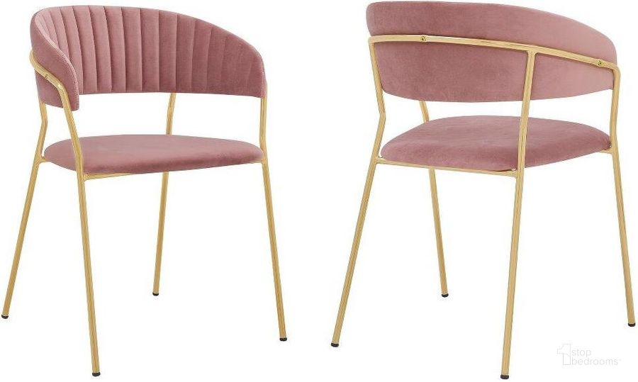 The appearance of Nara Modern Pink Velvet And Gold Metal Leg Dining Room Chair designed by Armen Living in the modern / contemporary interior design. This pink and gold piece of furniture  was selected by 1StopBedrooms from Nara Collection to add a touch of cosiness and style into your home. Sku: LCNRSIGLPNK. Material: Metal. Product Type: Dining Chair. Image1