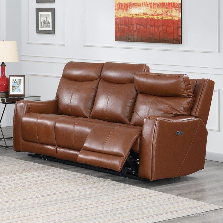 The appearance of Natalia Power Recliner Sofa In Caramel Leather designed by Steve Silver in the modern / contemporary interior design. This caramel piece of furniture  was selected by 1StopBedrooms from Natalia Collection to add a touch of cosiness and style into your home. Sku: NT850SC. Product Type: Reclining Sofa. Material: Plywood. Image1