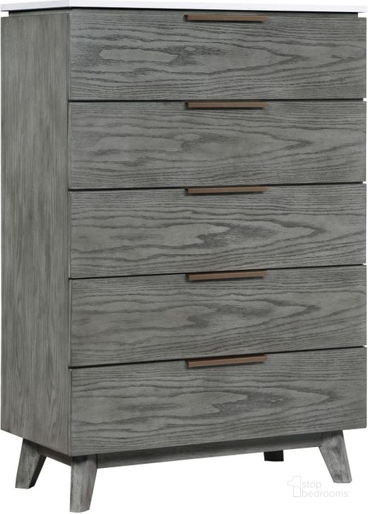 The appearance of Nathan 5-Drawer Chest In White Marble and Grey designed by Coaster in the modern / contemporary interior design. This white marble/grey piece of furniture  was selected by 1StopBedrooms from Nathan Collection to add a touch of cosiness and style into your home. Sku: 224605. Material: Wood. Product Type: Chest. Image1