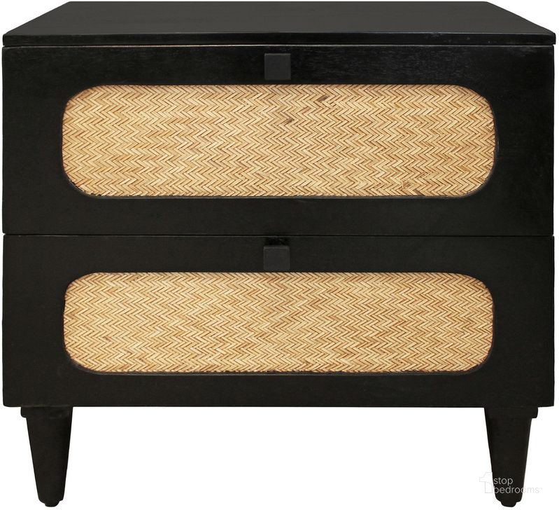 The appearance of Navice 2 Drawer Nightstand In Natural and Black designed by Moti in the  interior design. This natural/black piece of furniture  was selected by 1StopBedrooms from Navice Collection to add a touch of cosiness and style into your home. Sku: 71614001. Material: Wood. Product Type: Nightstand. Image1