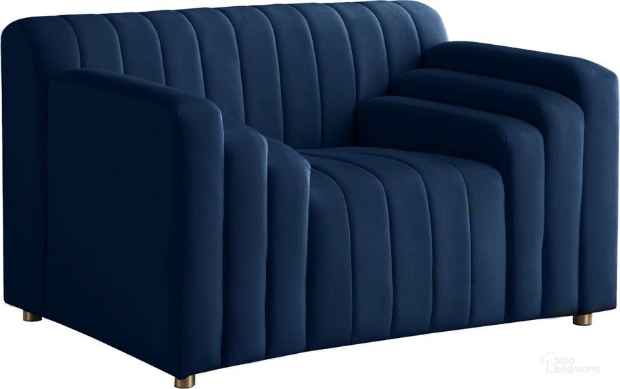 The appearance of Naya Navy Velvet Chair designed by Meridian in the modern / contemporary interior design. This navy velvet piece of furniture  was selected by 1StopBedrooms from Naya Collection to add a touch of cosiness and style into your home. Sku: 637Navy-C. Product Type: Chair. Material: Velvet. Image1