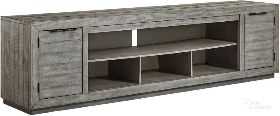 The appearance of Naydell Gray 92 Inch TV Stand designed by Signature Design by Ashley in the modern / contemporary interior design. This gray piece of furniture  was selected by 1StopBedrooms from Naydell Collection to add a touch of cosiness and style into your home. Sku: W996-78. Material: Wood. Product Type: TV Stand. Image1