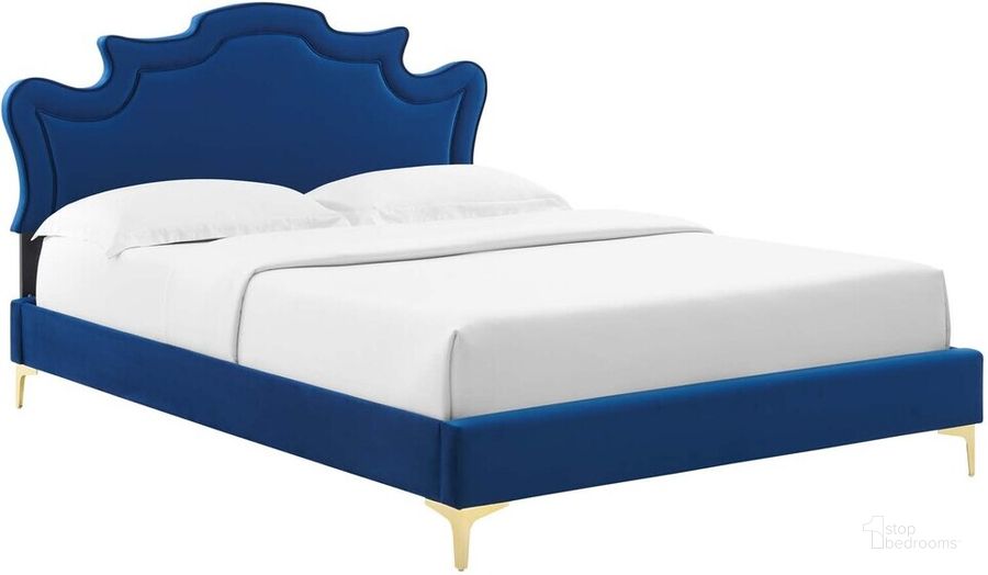 The appearance of Neena Performance Velvet King Bed In Navy designed by Modway in the  interior design. This navy piece of furniture  was selected by 1StopBedrooms from Neena Collection to add a touch of cosiness and style into your home. Sku: MOD-6835-NAV. Bed Type: Platform Bed. Product Type: Platform Bed. Bed Size: King. Material: MDF. Image1