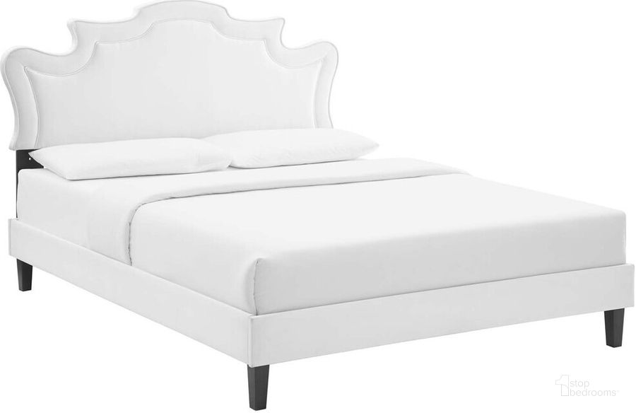 The appearance of Neena Performance Velvet King Bed In White designed by Modway in the  interior design. This white piece of furniture  was selected by 1StopBedrooms from Neena Collection to add a touch of cosiness and style into your home. Sku: MOD-6845-WHI. Bed Type: Platform Bed. Product Type: Platform Bed. Bed Size: King. Material: MDF. Image1