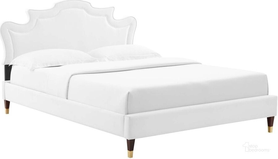 The appearance of Neena Performance Velvet King Bed In White designed by Modway in the  interior design. This white piece of furniture  was selected by 1StopBedrooms from Neena Collection to add a touch of cosiness and style into your home. Sku: MOD-6840-WHI. Bed Type: Platform Bed. Product Type: Platform Bed. Bed Size: King. Material: MDF. Image1